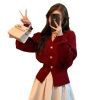 586483888 Cherry Red Knit Cardigan for Women, Stylish Waist-Cinching Slim Fit Sweater Coat, Festive Christmas and New Year Outfit