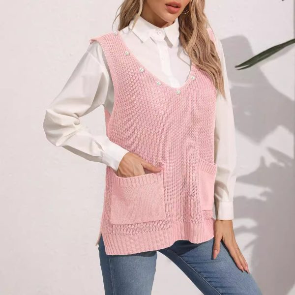 586484877 Women's Vest Double Pocket Patchwork V-neck Casual Pearl Beaded Sleeveless Top Sweater