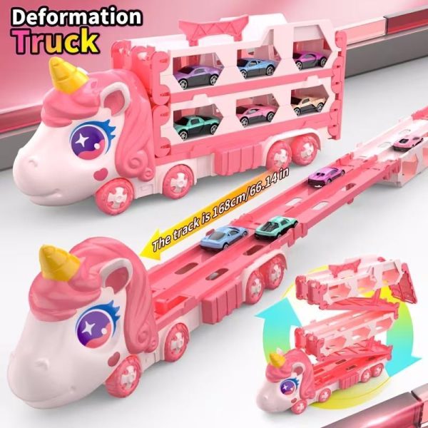 9652f5b0-d7ae-4e45-94a6-7650f280619b.jpg Cute Transforming Truck Toy Expandable Racetrack & Vehicle Storage Set Portable Carrier With Mini Cars Toy For Girls Ages 3 And Up,Pickup Only
