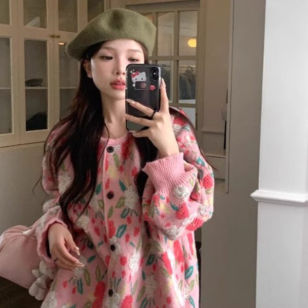 586483870 Chic and Stylish Loose Knit Sweater for Women, Autumn New Arrival, Plus Size, Sweet Floral Pink Knitted Cardigan