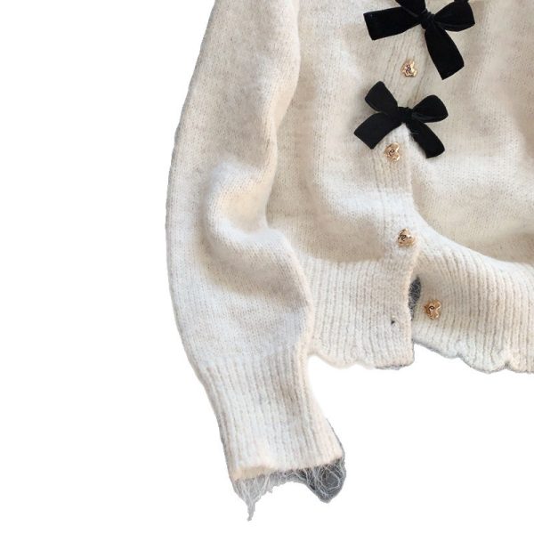 586483895 Chic Bow Soft Knit Cardigan Coat for Women, Spring and Autumn Round Neck Floral Top