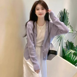 Purple Hollow Knit Cardigan Thin Outerwear for Women Spring Autumn Gentle Style Open Front Elegant Knitted Sweater Stylish Top