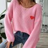 586483944 Lady's Crewneck Sweater Top, One-shoulder Off-shoulder Flared Sleeve with Heart Embroidery Applique Knitwear