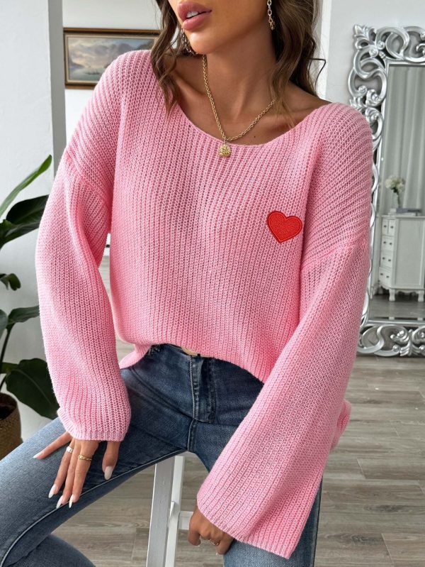 586483944 Lady's Crewneck Sweater Top, One-shoulder Off-shoulder Flared Sleeve with Heart Embroidery Applique Knitwear