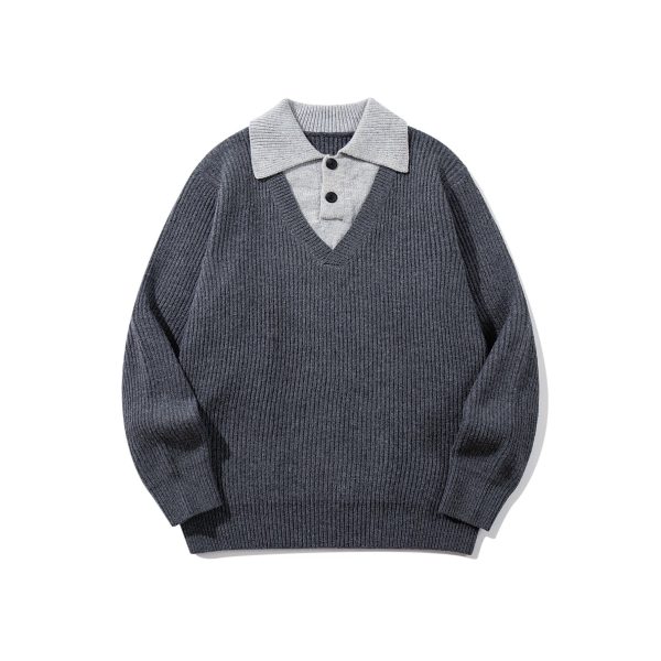 586484845 Minimalist Design Two-in-One V-Neck Color-Blocking Knit Sweater