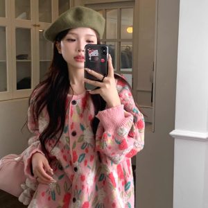 Chic and Stylish Loose Knit Sweater for Women, Autumn New Arrival, Plus Size, Sweet Floral Pink Knitted Cardigan