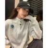 586484677 Gray Zipper High Neck Knit Cardigan Coat for Women, Spring Autumn Winter, Petite, Loose Short Style Sweater Top