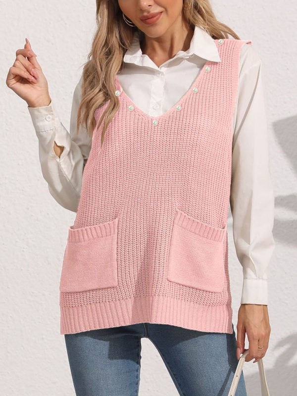 586484882 Women's Vest Double Pocket Patchwork V-neck Casual Pearl Beaded Sleeveless Top Sweater