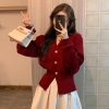 586483887 Cherry Red Knit Cardigan for Women, Stylish Waist-Cinching Slim Fit Sweater Coat, Festive Christmas and New Year Outfit
