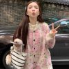 586483871 Chic and Stylish Loose Knit Sweater for Women, Autumn New Arrival, Plus Size, Sweet Floral Pink Knitted Cardigan