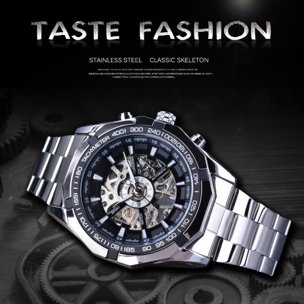 586486584 Silver Stainless Steel Waterproof Mens Skeleton Watches Top Brand Luxury Transparent Mechanical Male Wrist Watch