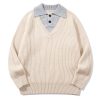586484850 Minimalist Design Two-in-One V-Neck Color-Blocking Knit Sweater
