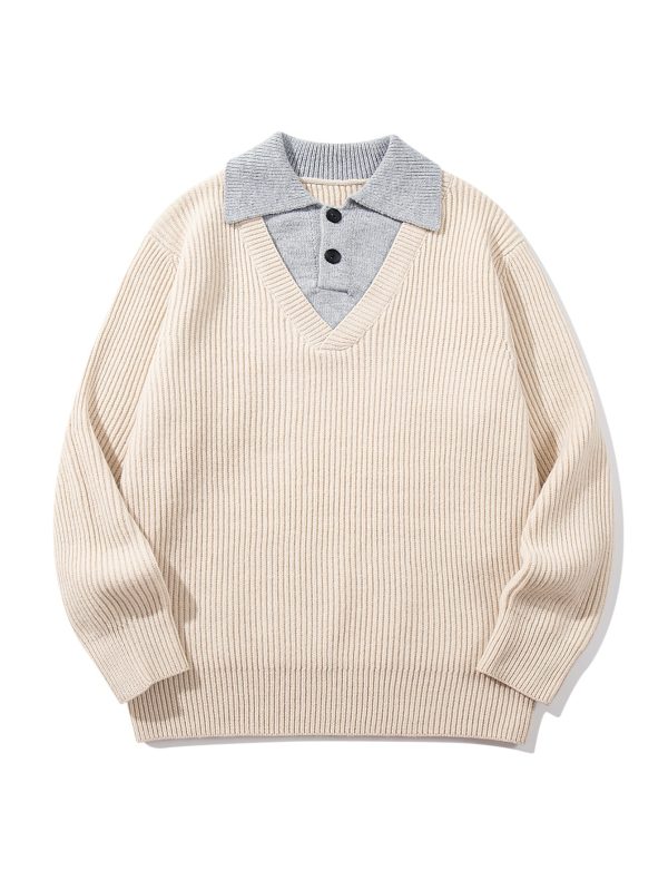 586484850 Minimalist Design Two-in-One V-Neck Color-Blocking Knit Sweater