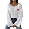 586483939 Lady's Crewneck Sweater Top, One-shoulder Off-shoulder Flared Sleeve with Heart Embroidery Applique Knitwear