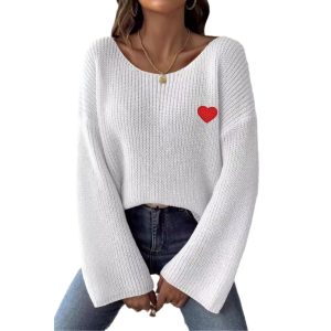Lady's Crewneck Sweater Top, One-shoulder Off-shoulder Flared Sleeve with Heart Embroidery Applique Knitwear