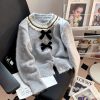 586483892 Chic Bow Soft Knit Cardigan Coat for Women, Spring and Autumn Round Neck Floral Top