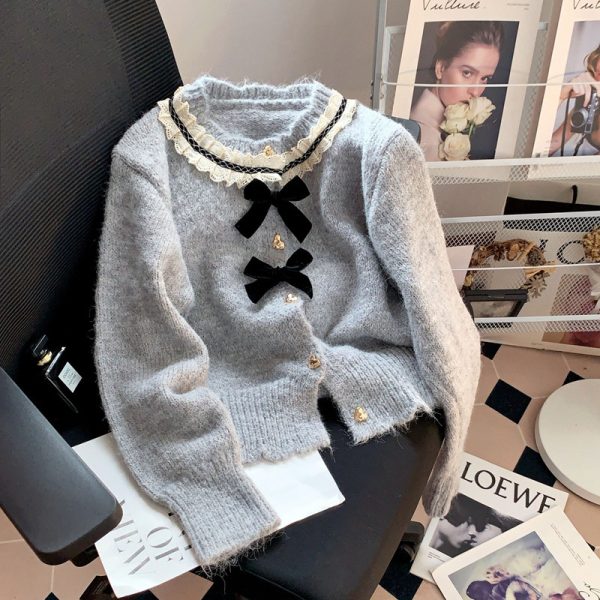 586483892 Chic Bow Soft Knit Cardigan Coat for Women, Spring and Autumn Round Neck Floral Top