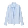 586484897 Bow tie tied striped long sleeved shirt
