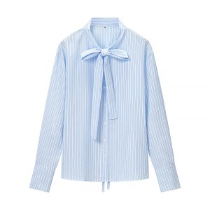 Bow tie tied striped long sleeved shirt