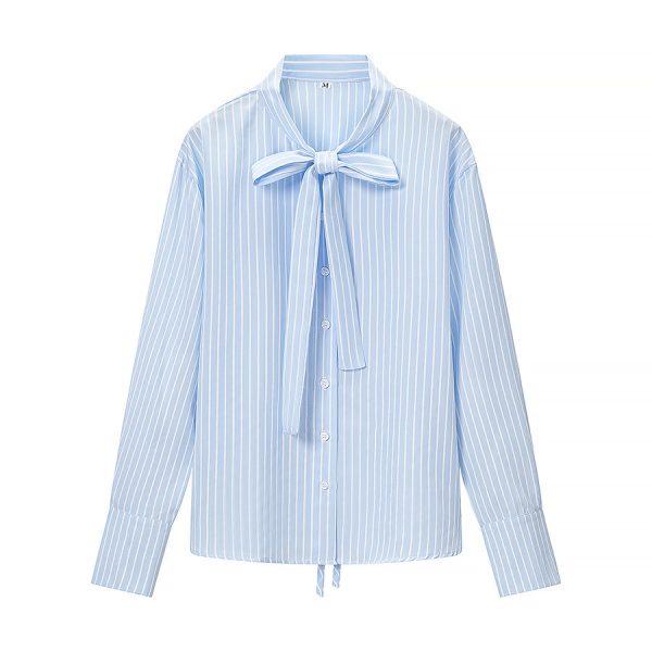 586484897 Bow tie tied striped long sleeved shirt