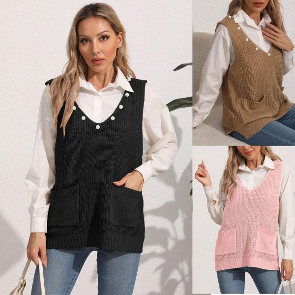 586484879 Women's Vest Double Pocket Patchwork V-neck Casual Pearl Beaded Sleeveless Top Sweater