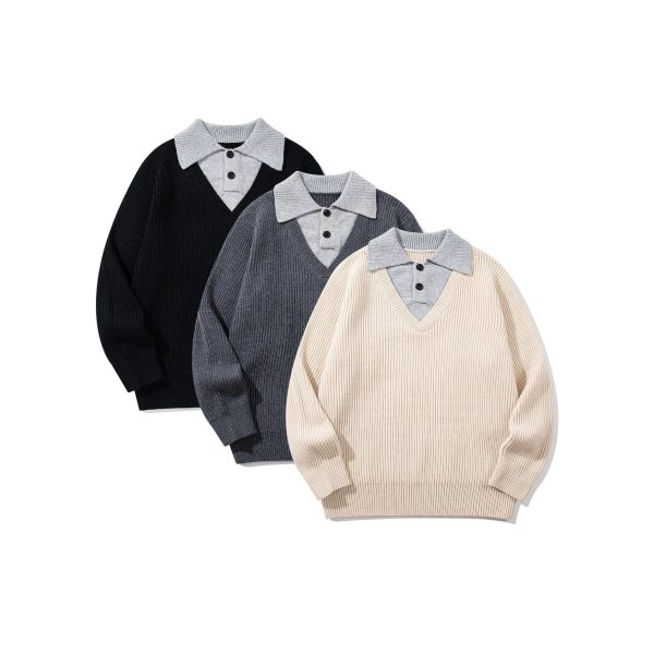 586484847 Minimalist Design Two-in-One V-Neck Color-Blocking Knit Sweater