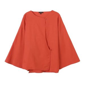 586483962 Flax flowing slanted collar long sleeved shirt