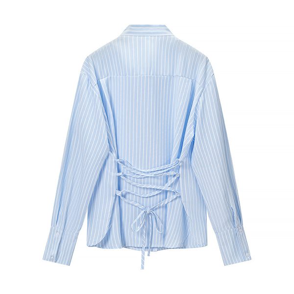 586484898 Bow tie tied striped long sleeved shirt
